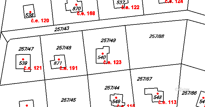 Zlenice 123, Lštění na parcele st. 540 v KÚ Lštění, Katastrální mapa