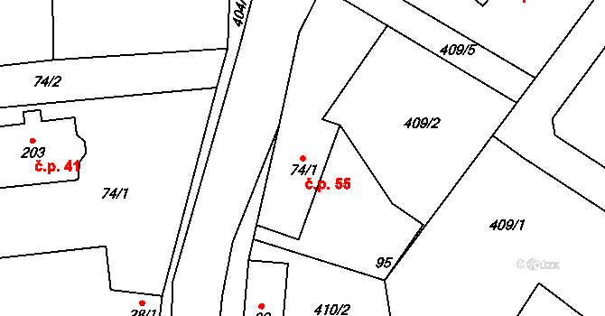 Kondrac 55 na parcele st. 74/1 v KÚ Kondrac, Katastrální mapa