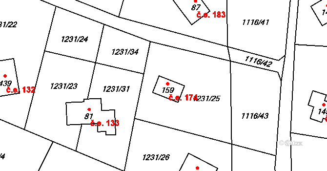 Měřín 174, Rabyně na parcele st. 159 v KÚ Blaženice, Katastrální mapa
