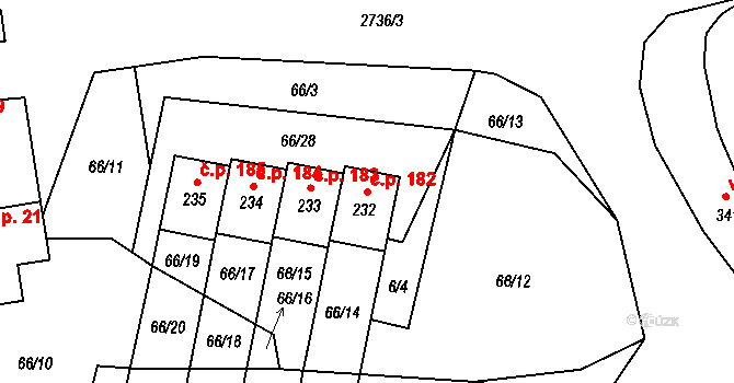 Plavsko 182 na parcele st. 232 v KÚ Plavsko, Katastrální mapa