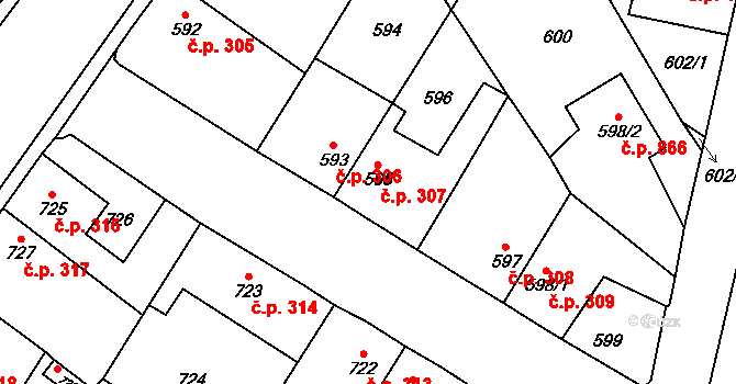Kosmonosy 307 na parcele st. 595 v KÚ Kosmonosy, Katastrální mapa