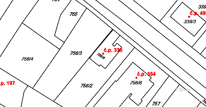 Křelov 335, Křelov-Břuchotín na parcele st. 756/5 v KÚ Křelov, Katastrální mapa