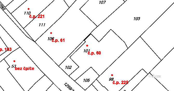Troubelice 60 na parcele st. 101 v KÚ Troubelice, Katastrální mapa