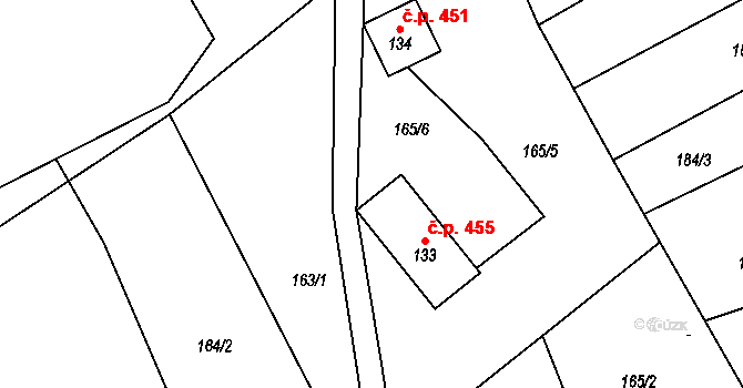 Poniklá 455 na parcele st. 133 v KÚ Přívlaka, Katastrální mapa