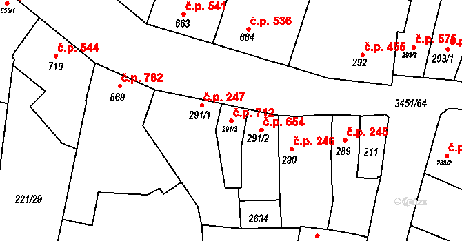 Lysá nad Labem 712 na parcele st. 291/3 v KÚ Lysá nad Labem, Katastrální mapa