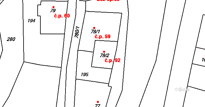 Benátky 92 na parcele st. 78/2 v KÚ Benátky u Litomyšle, Katastrální mapa