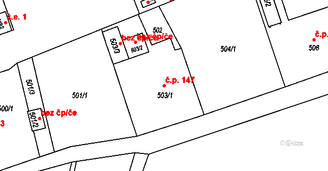 Pudlov 147, Bohumín na parcele st. 503/1 v KÚ Pudlov, Katastrální mapa