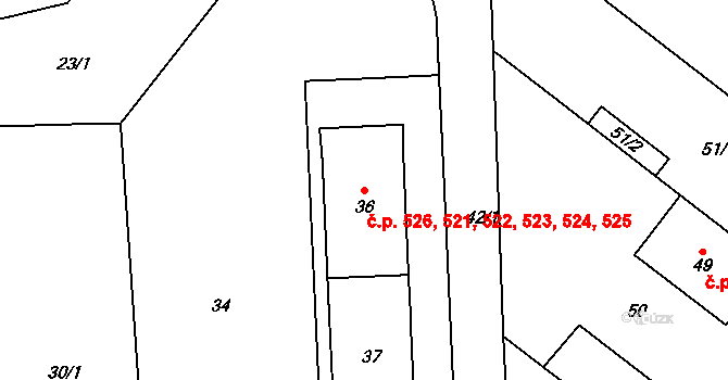 Štýřice 521,522,523,524,525,, Brno na parcele st. 36 v KÚ Štýřice, Katastrální mapa