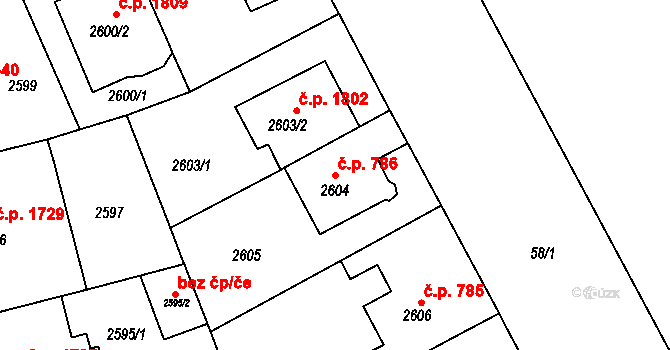 Černá Pole 786, Brno na parcele st. 2604 v KÚ Černá Pole, Katastrální mapa