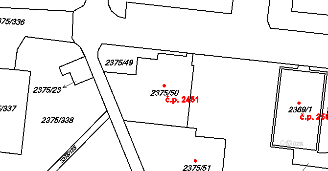 Žabovřesky 2451, Brno na parcele st. 2375/50 v KÚ Žabovřesky, Katastrální mapa
