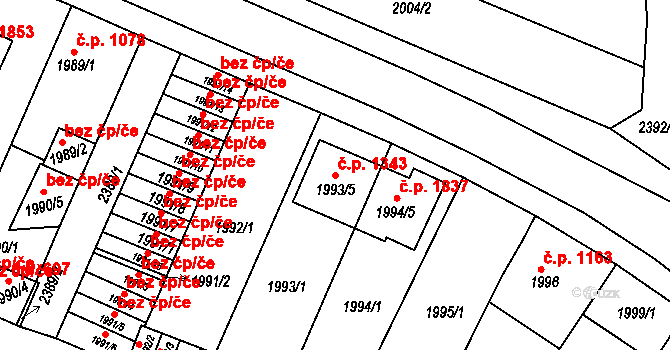 Trnovany 1343, Teplice na parcele st. 1993/5 v KÚ Teplice-Trnovany, Katastrální mapa