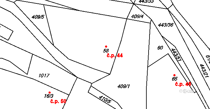Lužany 44 na parcele st. 58 v KÚ Lužany nad Trotinou, Katastrální mapa