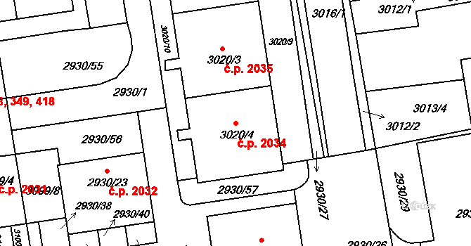 Žižkov 2034, Praha na parcele st. 3020/4 v KÚ Žižkov, Katastrální mapa