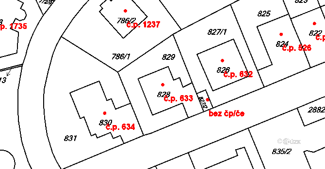 Braník 633, Praha na parcele st. 828 v KÚ Braník, Katastrální mapa