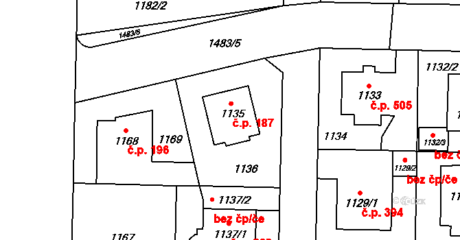 Dolní Chabry 187, Praha na parcele st. 1135 v KÚ Dolní Chabry, Katastrální mapa