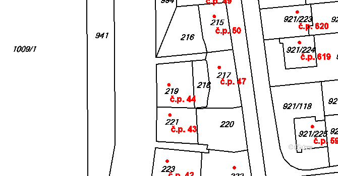 Hostavice 44, Praha na parcele st. 219 v KÚ Hostavice, Katastrální mapa