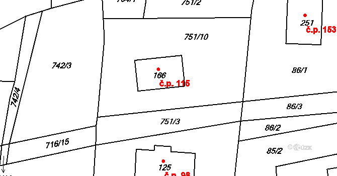 Dlouhá Lhota 115 na parcele st. 166 v KÚ Dlouhá Lhota u Dobříše, Katastrální mapa