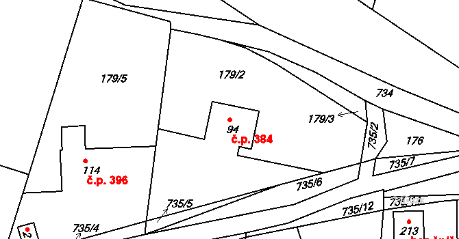 Nový Knín 384 na parcele st. 94 v KÚ Starý Knín, Katastrální mapa