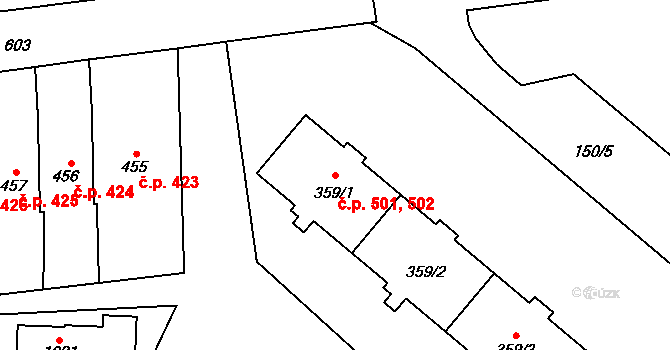 Neředín 501,502, Olomouc na parcele st. 359/1 v KÚ Neředín, Katastrální mapa