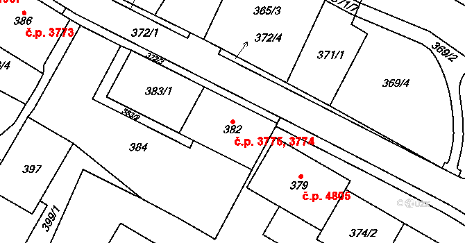 Chomutov 3774,3775 na parcele st. 383/1 v KÚ Chomutov I, Katastrální mapa