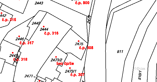 Jemnice 308 na parcele st. 2475 v KÚ Jemnice, Katastrální mapa