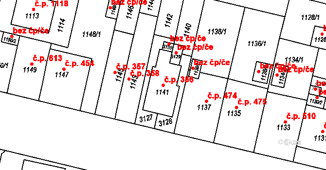 Lobzy 356, Plzeň na parcele st. 1141 v KÚ Doubravka, Katastrální mapa