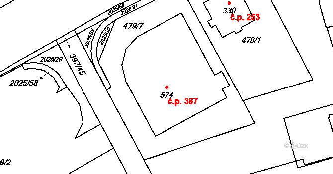 Louky 387, Zlín na parcele st. 574 v KÚ Louky nad Dřevnicí, Katastrální mapa