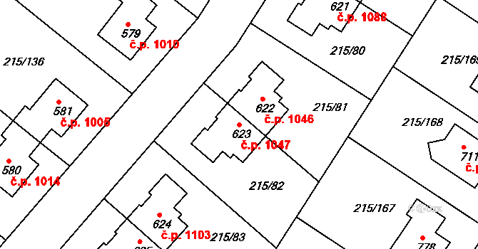 Rudná 1047 na parcele st. 623 v KÚ Hořelice, Katastrální mapa