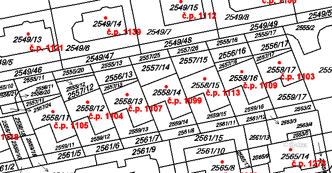 Komín 1099, Brno na parcele st. 2558/14 v KÚ Komín, Katastrální mapa