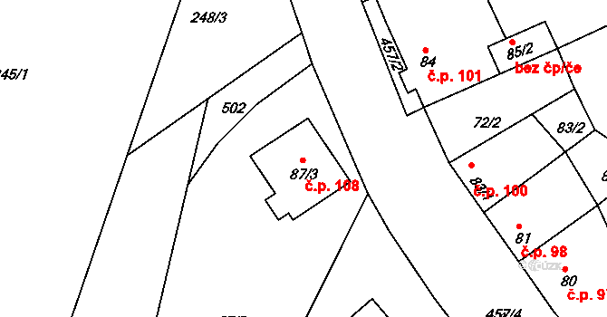 Hradčany 108, Hradčany-Kobeřice na parcele st. 87/3 v KÚ Hradčany u Prostějova, Katastrální mapa
