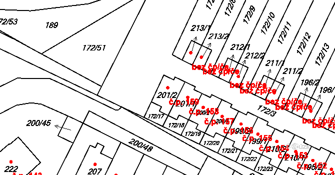Katusice 159 na parcele st. 201/2 v KÚ Katusice, Katastrální mapa