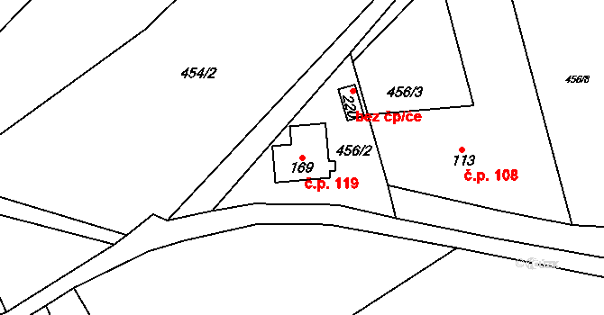 Branov 119 na parcele st. 169 v KÚ Branov, Katastrální mapa