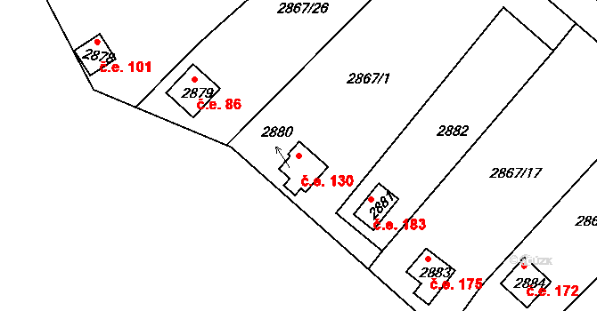 Lhota Samoty 130, Planá nad Lužnicí na parcele st. 2880 v KÚ Planá nad Lužnicí, Katastrální mapa
