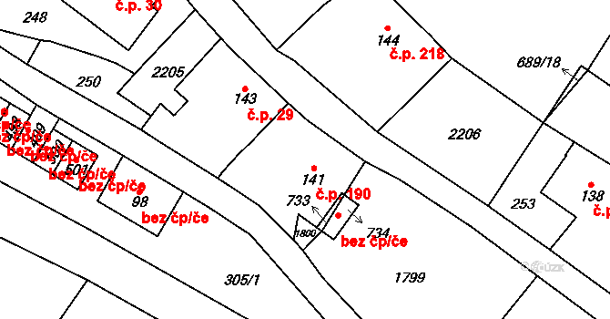 Ryžoviště 190 na parcele st. 141 v KÚ Ryžoviště, Katastrální mapa