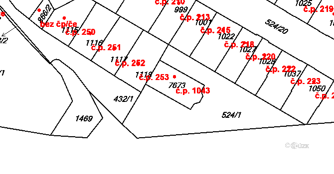 Stařečka 1043, Třebíč na parcele st. 7673 v KÚ Třebíč, Katastrální mapa