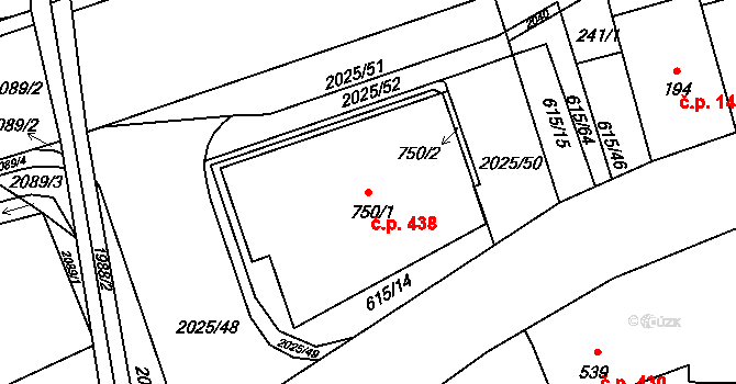 Louky 438, Zlín na parcele st. 750/1 v KÚ Louky nad Dřevnicí, Katastrální mapa