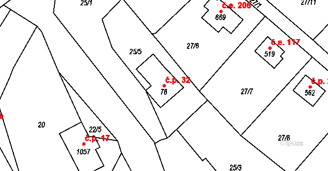 Čtyřkoly 32 na parcele st. 78 v KÚ Čtyřkoly, Katastrální mapa