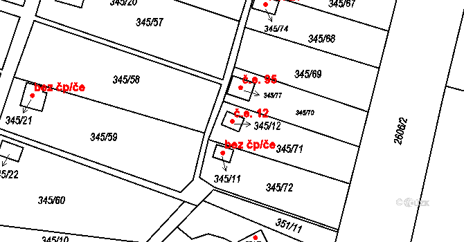 Prostřední Suchá 12, Havířov na parcele st. 345/12 v KÚ Prostřední Suchá, Katastrální mapa