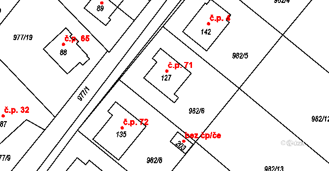 Sklené nad Oslavou 71 na parcele st. 127 v KÚ Sklené nad Oslavou, Katastrální mapa