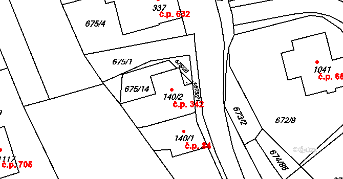 Prštné 342, Zlín na parcele st. 140/2 v KÚ Prštné, Katastrální mapa