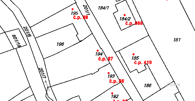 Buchlovice 87 na parcele st. 194 v KÚ Buchlovice, Katastrální mapa