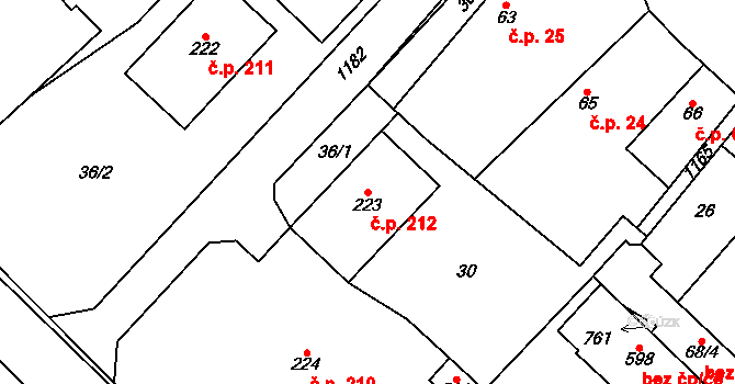 Horní Počaply 212 na parcele st. 223 v KÚ Horní Počaply, Katastrální mapa