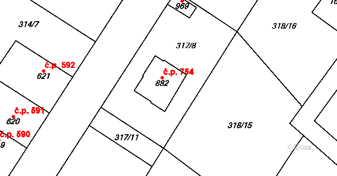 Kostelec nad Labem 754 na parcele st. 882 v KÚ Kostelec nad Labem, Katastrální mapa