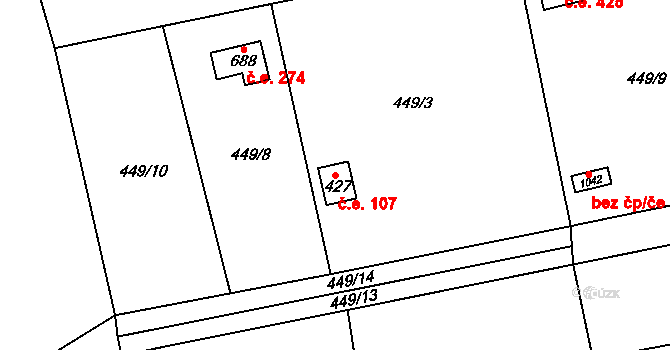 Čisovice 107 na parcele st. 427 v KÚ Čisovice, Katastrální mapa
