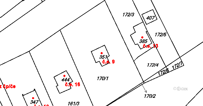 Rudná 9 na parcele st. 351 v KÚ Hořelice, Katastrální mapa