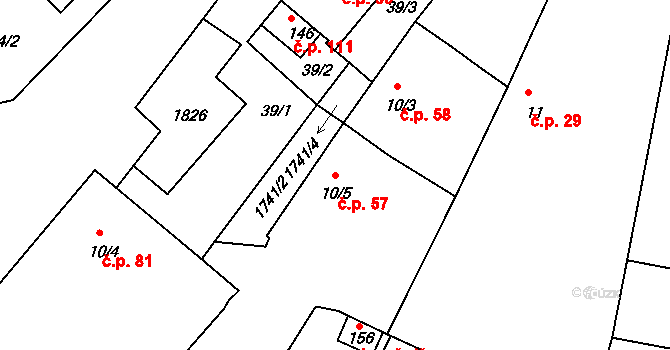 Borkovice 57 na parcele st. 10/5 v KÚ Borkovice, Katastrální mapa