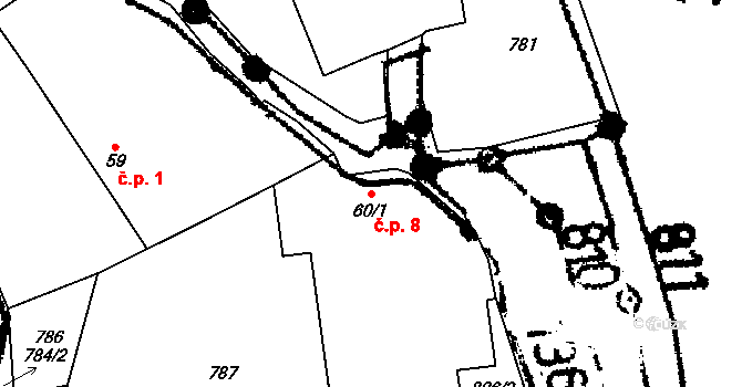 Kříženec 8, Šebířov na parcele st. 60/1 v KÚ Vyšetice, Katastrální mapa