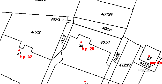 Bohumileč 28, Rokytno na parcele st. 25 v KÚ Bohumileč, Katastrální mapa