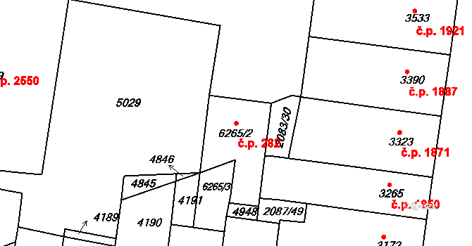 Zelené Předměstí 282, Pardubice na parcele st. 6265/2 v KÚ Pardubice, Katastrální mapa