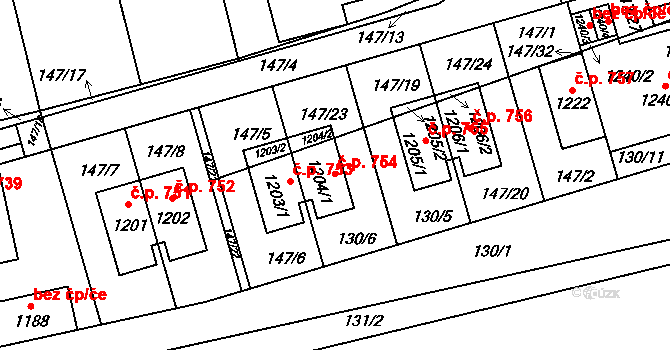 Prštné 754, Zlín na parcele st. 1204/1 v KÚ Prštné, Katastrální mapa
